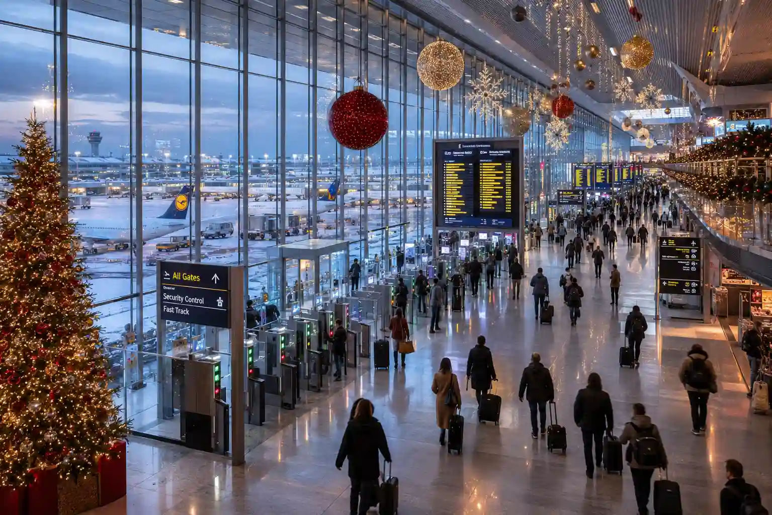 Europe airports prepare for busiest ever Christmas travel season with festive decorations and passenger crowds.