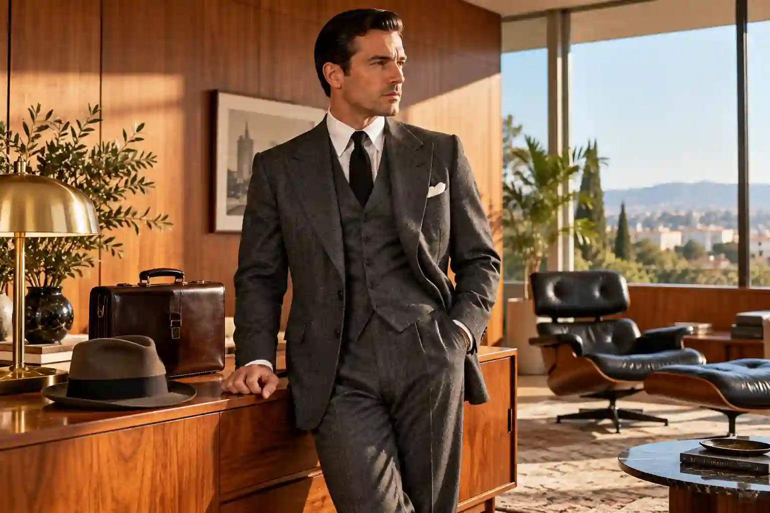 1950s Men’s Fashion Suits: The Ultimate Style Guide to Iconic Elegance showing a tailored gray flannel suit in a mid-century lounge.