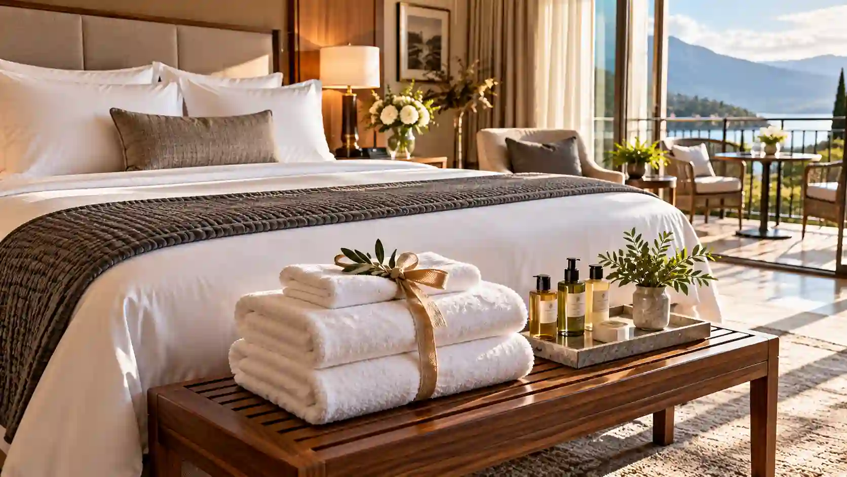 Amtex Hotel Supply: Elevating Your Hospitality Experience with Premium Supplies displaying luxury white hotel bedding and plush towels.