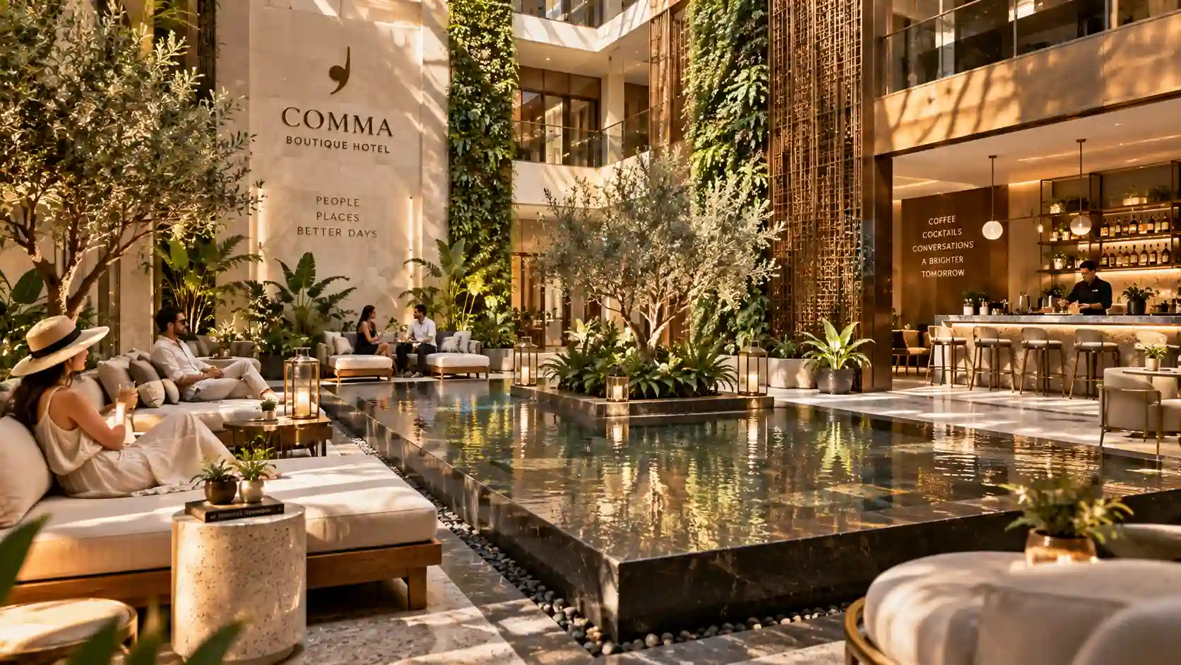 Discover the ultimate stay at Comma Boutique Hotel: your gateway to unmatched luxury featuring a sunlit boutique hotel atrium and suites.