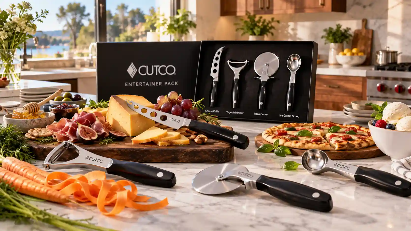 Discover the Unmatched Value of the Cutco Entertainer Pack: A Must-Have for Every Kitchen displaying four premium prep tools on a marble counter.