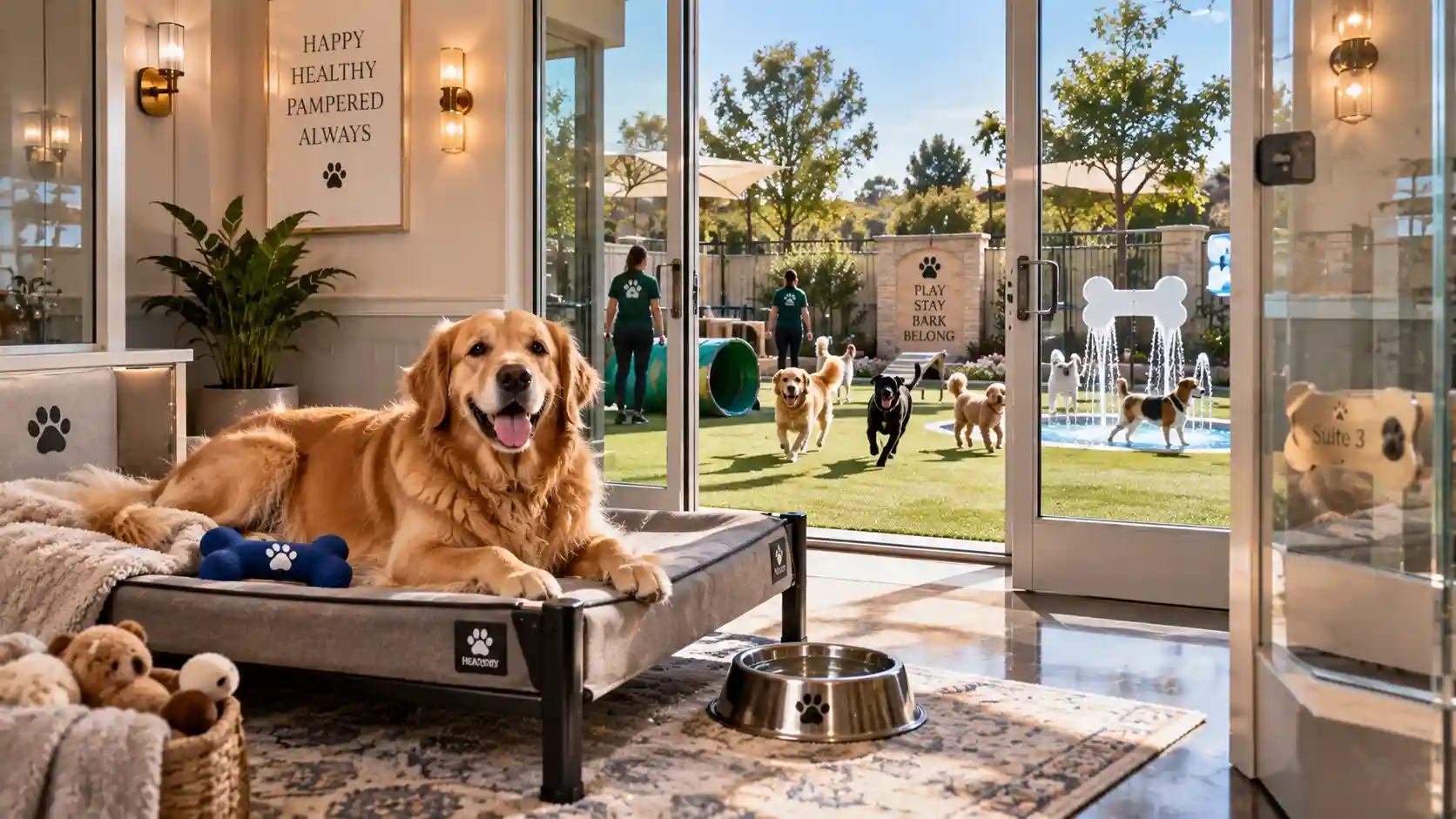 Dog hotel McDonough GA: premier pet care & luxury boarding experience showing a happy dog in a private canine suite.