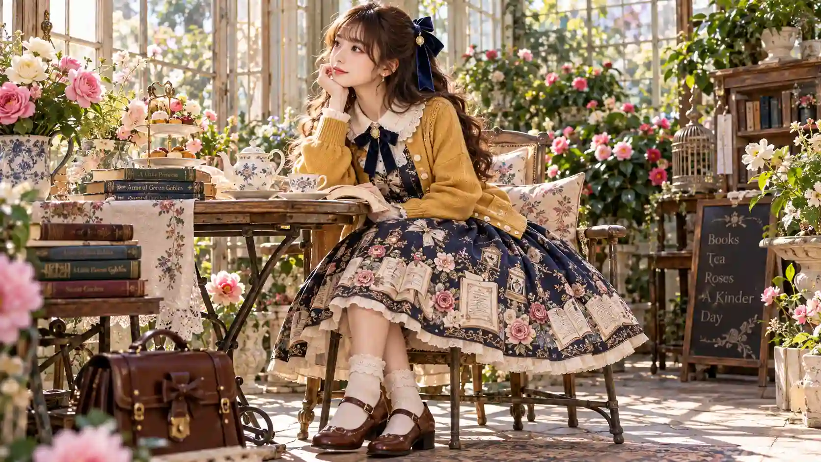 Exploring Otome Fashion: The Ultimate Style for Romantic Dreamers showing a vintage maiden dress and Peter Pan collar in a garden teahouse.