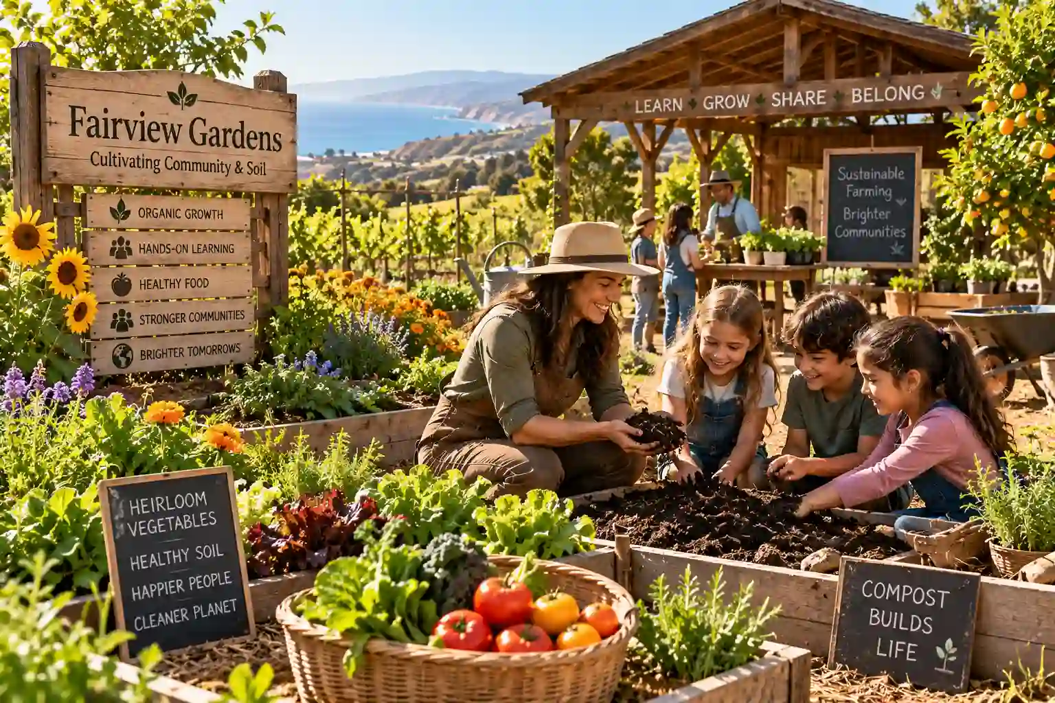 Fairview Gardens Education Farm: Cultivating Knowledge and Sustainable Futures showing organic crops and an outdoor learning workshop.