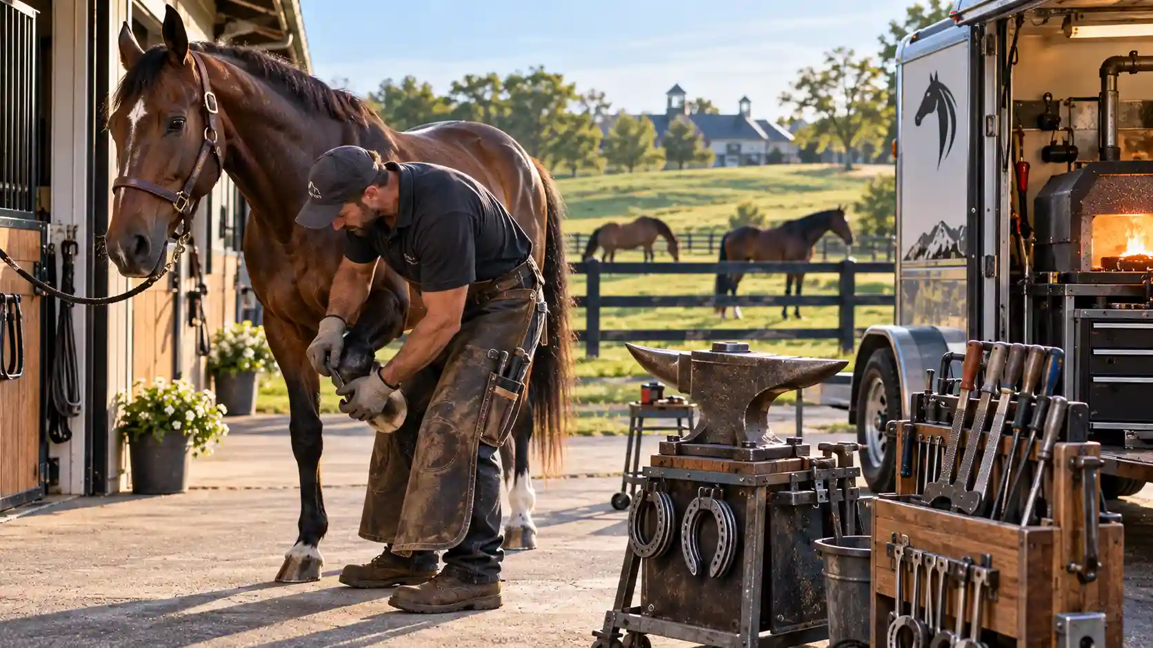 Farrier Insurance: Protect Your Craft and Secure Your Equine Business Today showing a farrier working near a mobile anvil and horse stable.