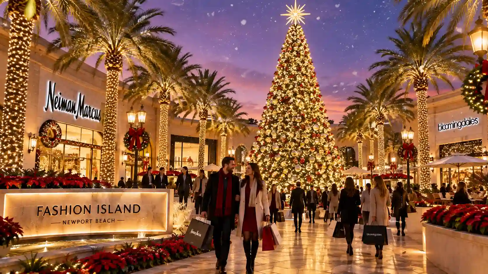 Experience the Magic of Fashion Island Tree Lighting – A Holiday Spectacle Like No Other showing the illuminated 90-foot tree and falling snow.