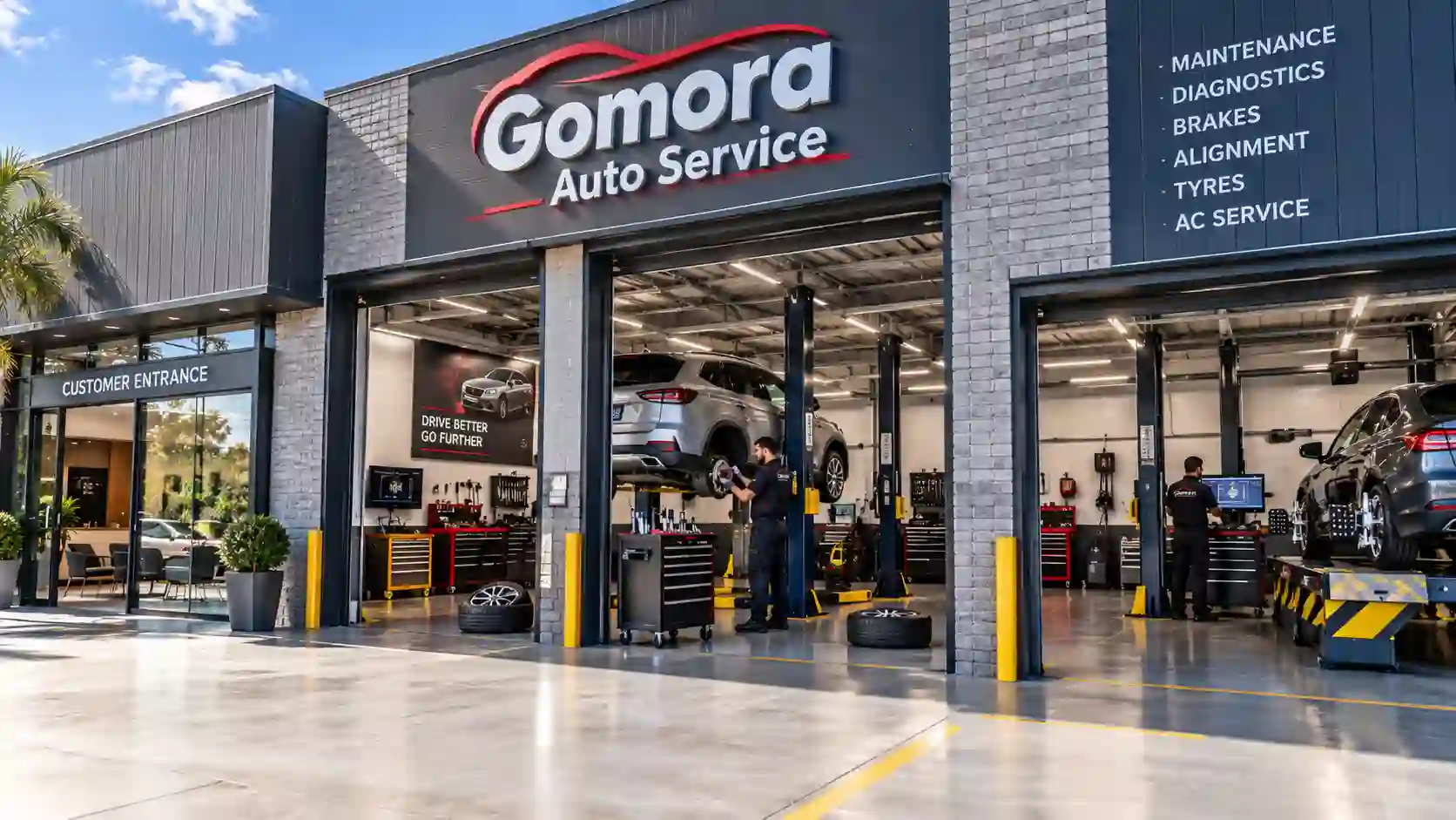 Gomora Auto Service: expert care for your vehicle's peak performance with modern repair bays and vehicle diagnostics.
