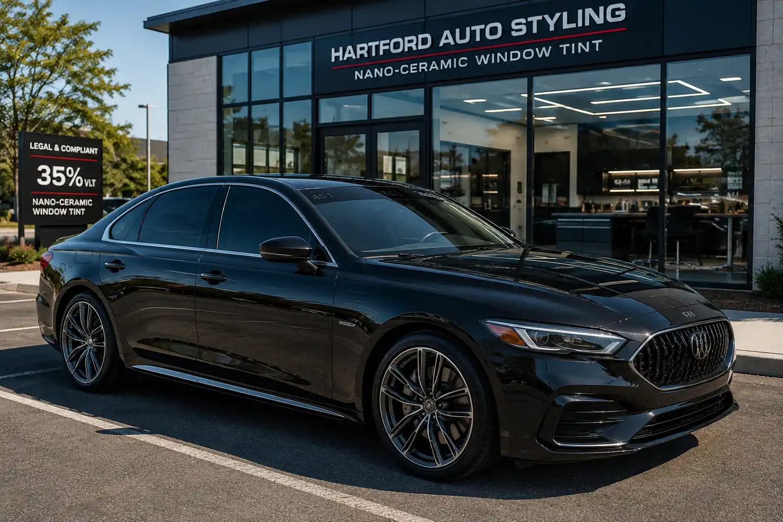 Legal tint in Connecticut: ultimate guide for vehicle window safety & compliance showing legal 35 percent window tint on sedan.