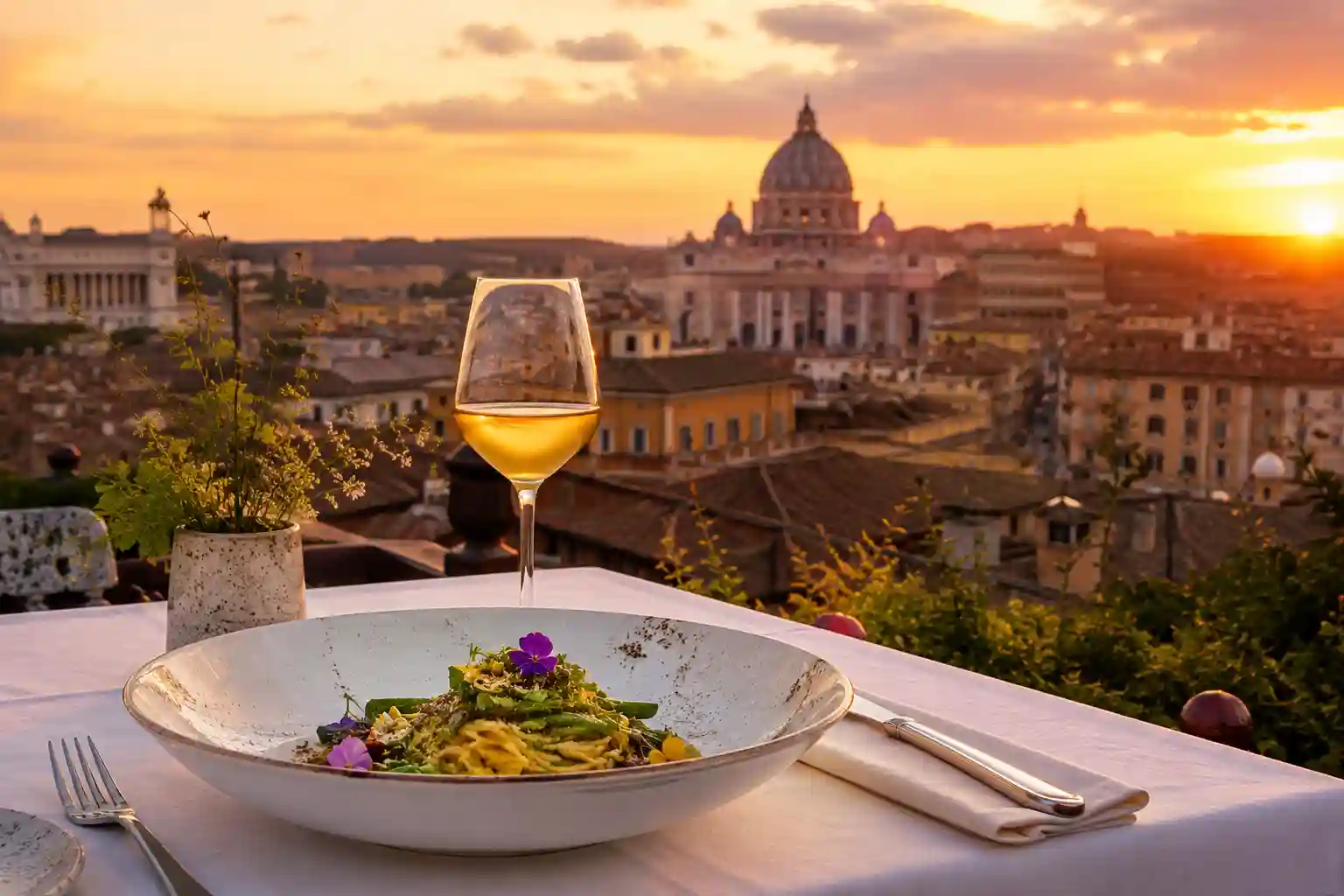 Mater Terrae Restaurant in Rome rooftop dining with panoramic city views and gourmet vegetarian dishes.
