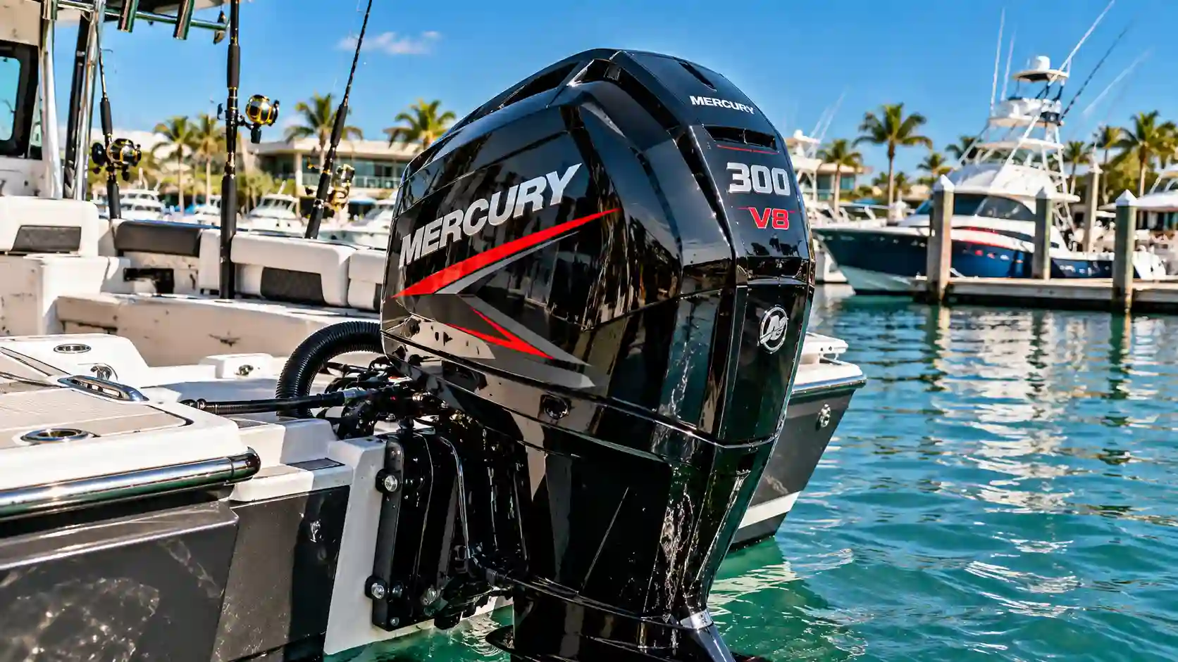 Mercury Outboard Financing: Get Your Dream Boat Engine Now with Easy Financing showing a new outboard motor at a marina.