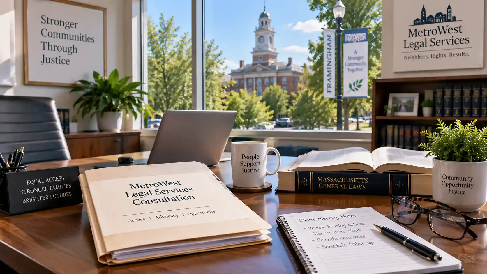 : Metrowest Legal Services Framingham: expert legal help you can trust with client consultation desk and law books.