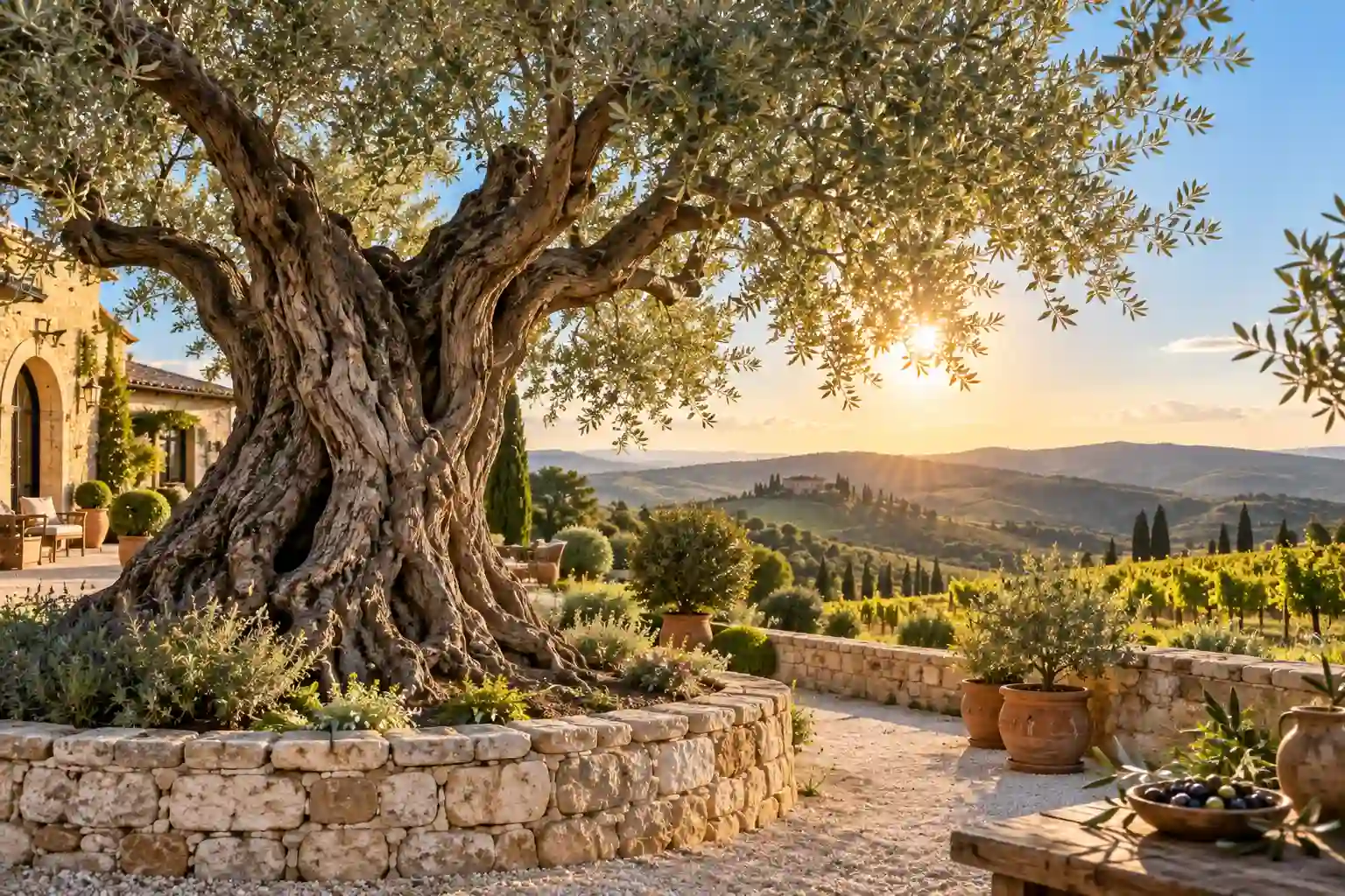Olea europaea: the majestic beauty and benefits of olive trees with a gnarled trunk and silver foliage.