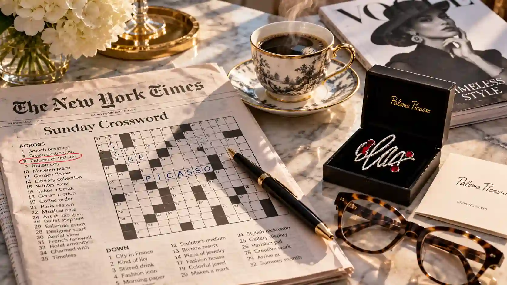 Paloma of Fashion Crossword: Unraveling the Trend Behind the Puzzle showing a Sunday crossword puzzle and designer jewelry.