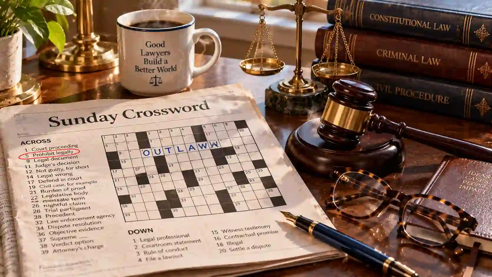 Prohibit Legally Crossword Clue: Unlocking the Answers You Need Today! showing a solved crossword grid and a legal gavel.