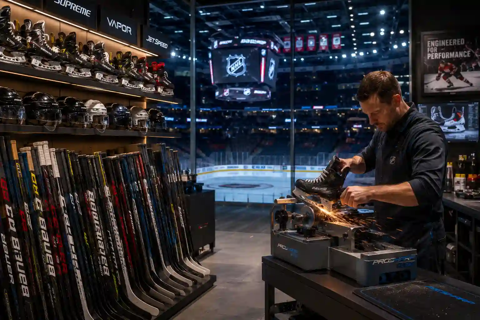 Rinkside Sports Wesley Chapel pro shop inside AdventHealth Center Ice offering skate sharpening and hockey gear.