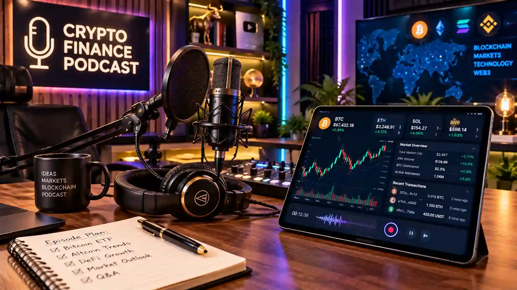 Top Good Cryptocurrency Podcasts You Must Follow for 2025 Insights showing a broadcast microphone and financial charts.
