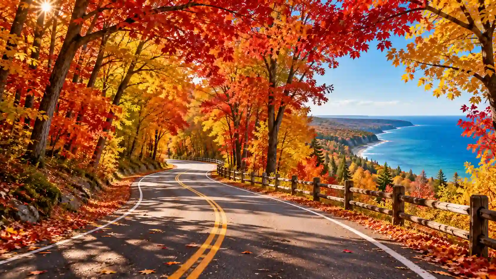Michigan Places To Visit In The Fall For Scenic Views And Seasonal Activities showing the M-119 Tunnel of Trees in peak autumn.