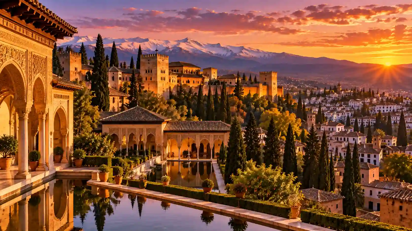 Most Important Places To Visit In Spain With Cultural And Historical Significance showing the Alhambra Palace in Granada at sunset.