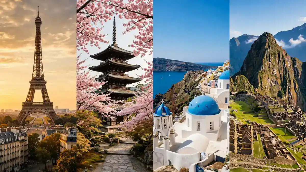 Collage of famous places to visit in the world including the Eiffel Tower in Paris, cherry blossom in Kyoto, Santorini domes and Machu Picchu