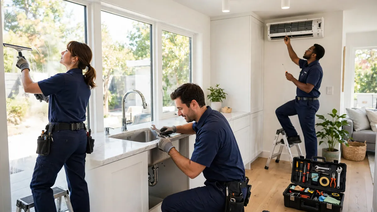 Comprehensive home services team cleaning and repairing a bright modern home interior