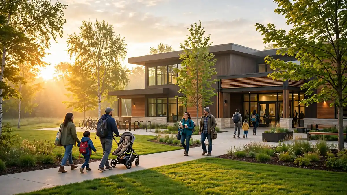 Young children, families, and adult learners arriving at the Aŋpétu Téča Education Center in Roseville, Minnesota, home of Roseville Area Schools early childhood and adult learning programs
