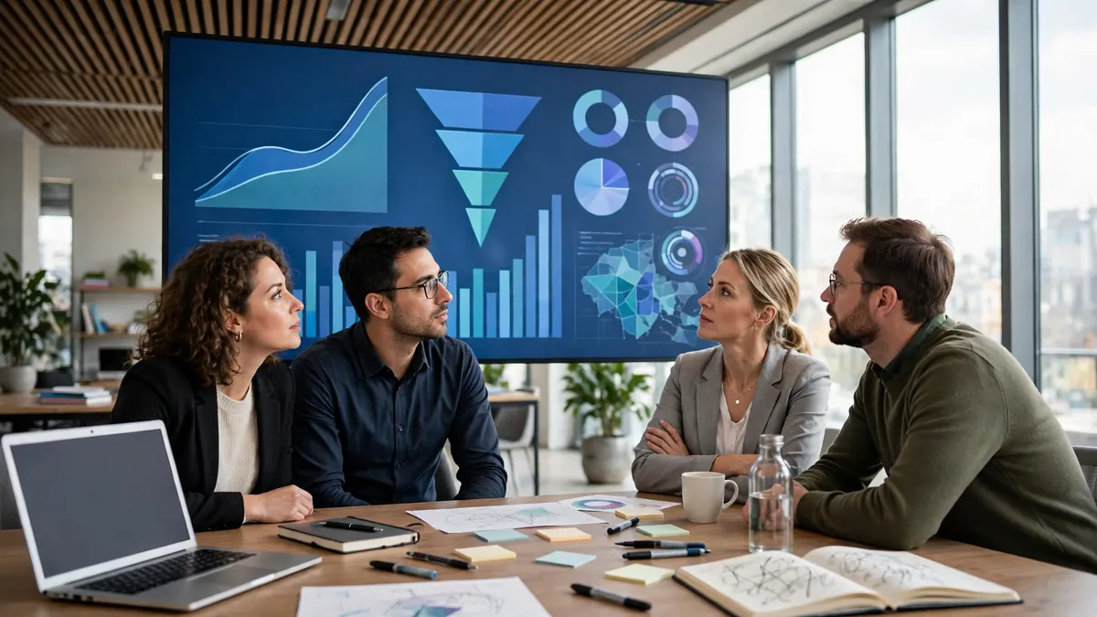 Advanced digital marketing dashboard with growth charts, marketing automation workflows and customer data reviewed by a business team