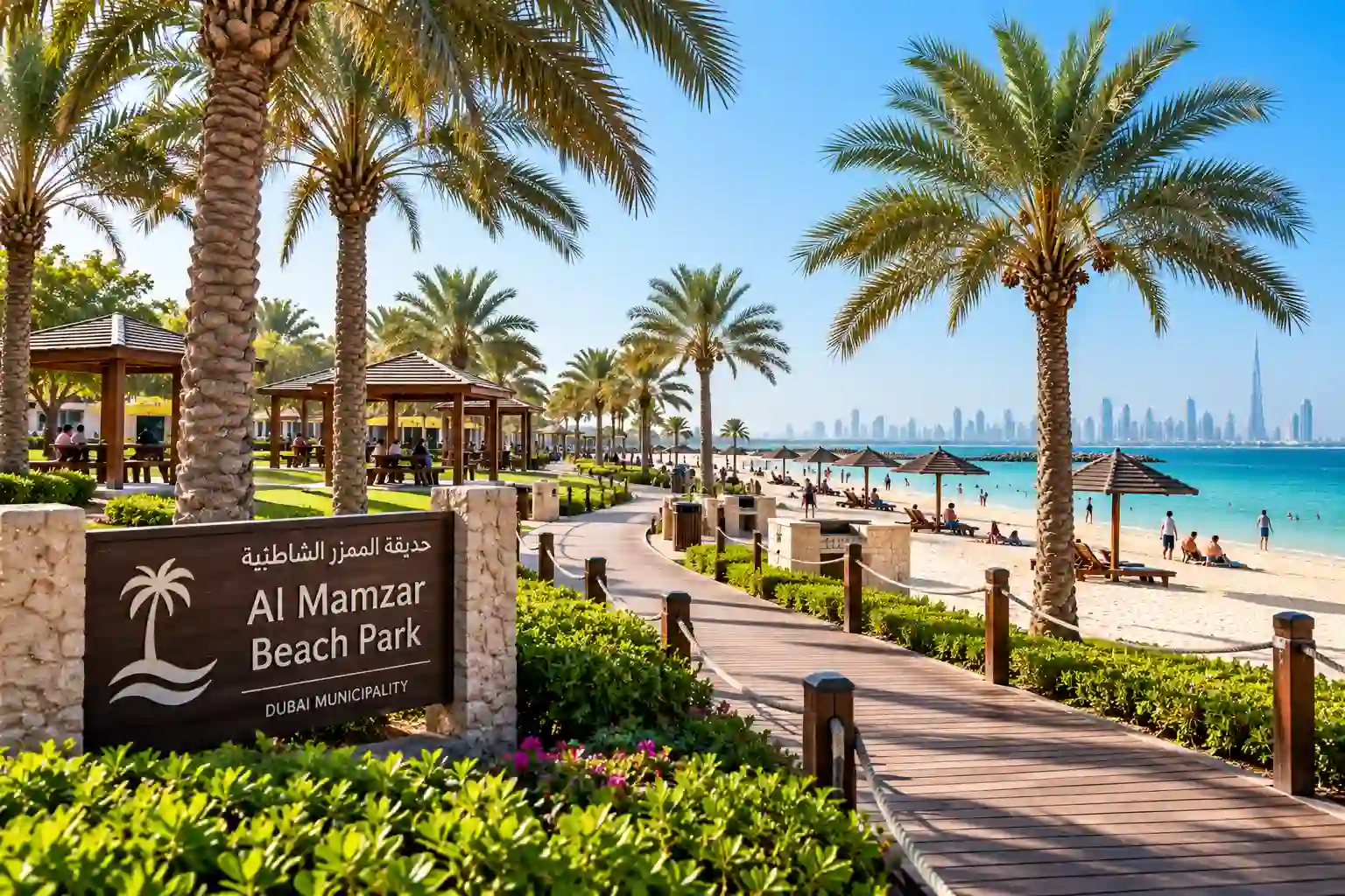 Al Mamzar Beach Park Dubai: Timings, Chalets, Facilities & Beach Guide showing turquoise water, date palms, and beach chalets.