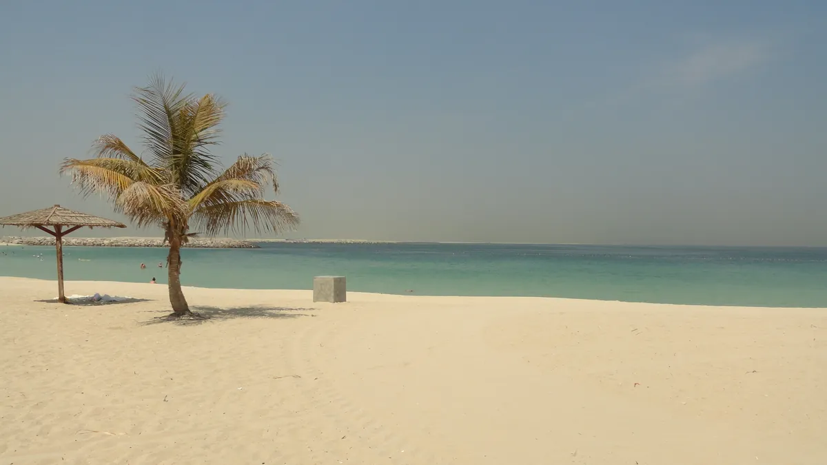 Palm tree and thatched shade umbrella on the white sand beach at Al Mamzar Beach Park Dubai, with calm turquoise water beyond