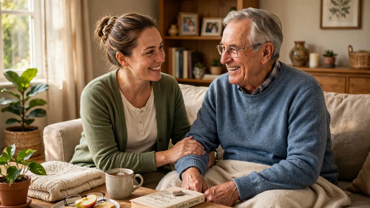 Kind caregiver supporting a smiling senior at home in Avondale with warm natural light during compassionate in-home care