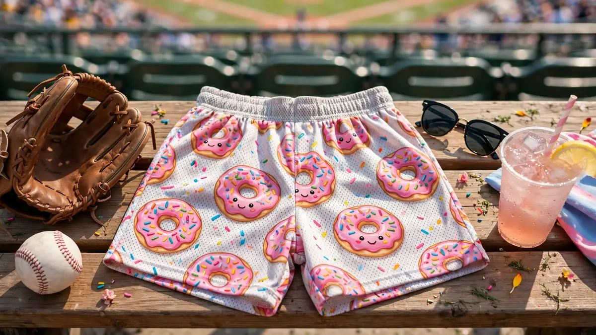 Donut print baseball shorts with pink frosting and sprinkles in a sunny ballpark game day flat lay with a baseball glove, baseball and sunglasses