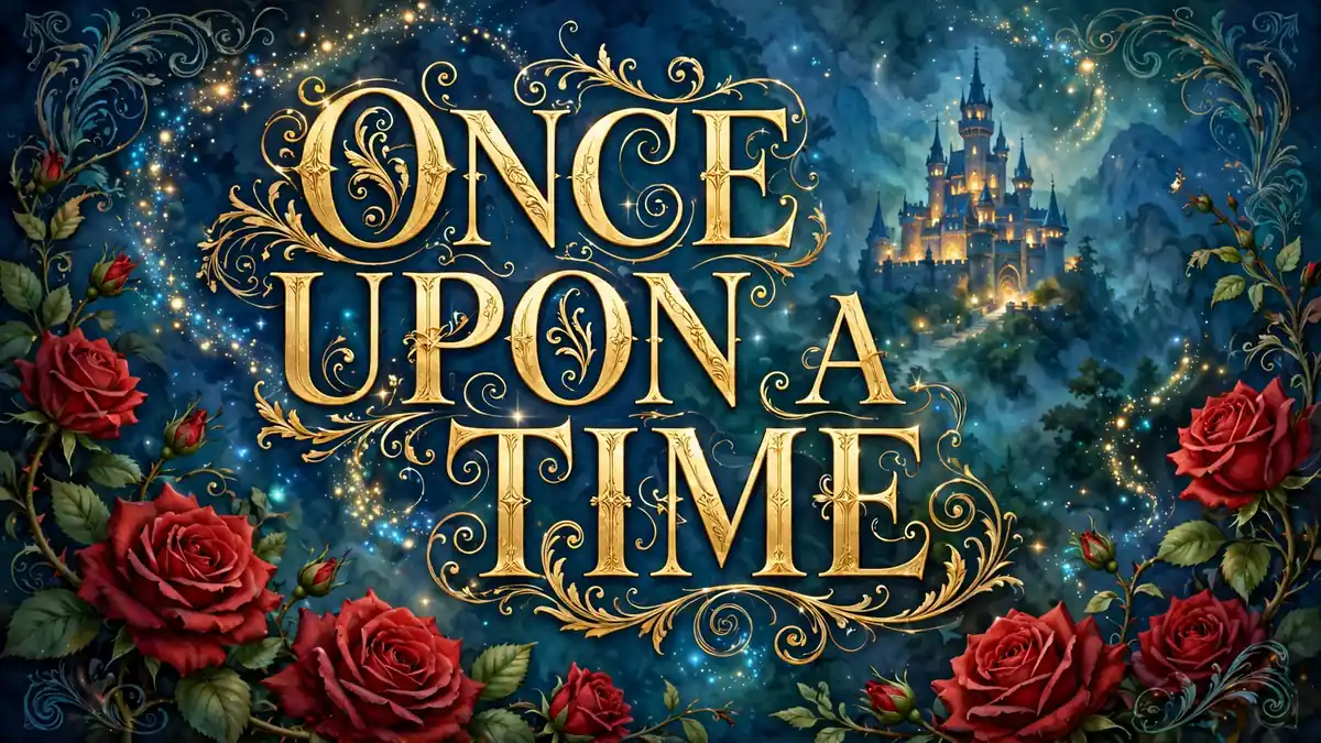 Ornate golden storybook lettering in a Beauty and the Beast style fairytale font on a deep blue backdrop with red roses and an enchanted castle