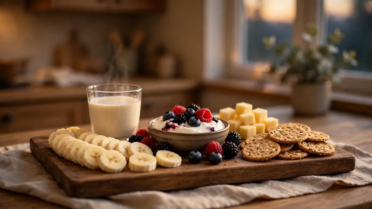 Healthy bedtime snack tray for kids with banana slices, a glass of warm milk, yogurt with berries, cheese cubes and whole grain crackers in a cosy evening kitchen