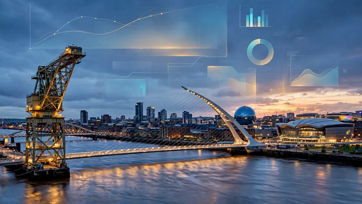 Glasgow skyline and River Clyde at dusk with the Finnieston Crane and a subtle marketing analytics dashboard overlay