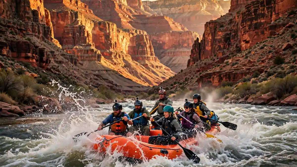 Rafting crew paddling through white water rapids in the Grand Canyon, one of the best adventure places to visit in USA