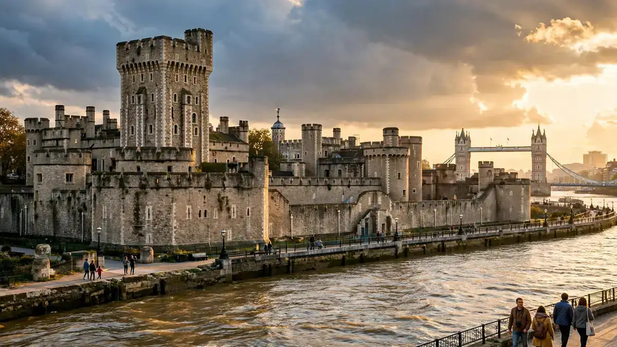 Tower of London and the River Thames in golden afternoon light, with Tower Bridge behind the medieval fortress walls