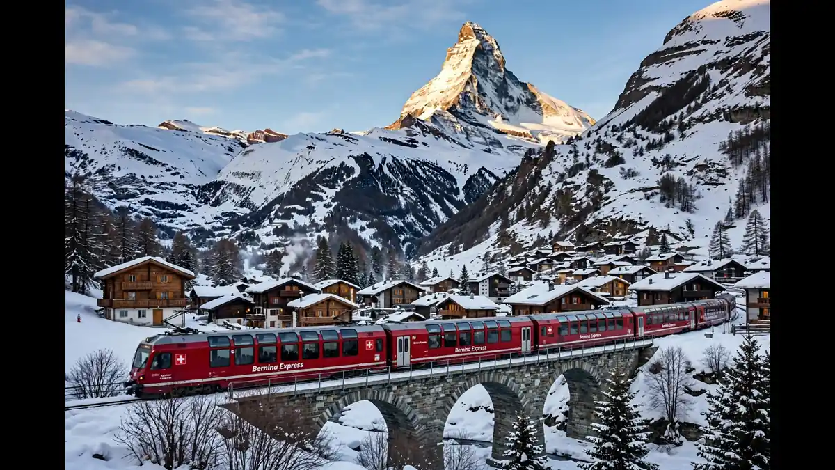 Swiss Alps winter village with snow-covered chalets, the Matterhorn in the background and a red panoramic train crossing the snowy valley