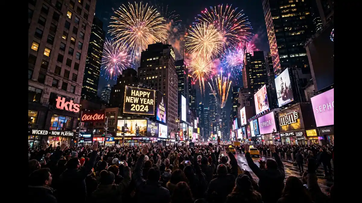 New Year's Eve fireworks bursting over an American city skyline as crowds celebrate at midnight