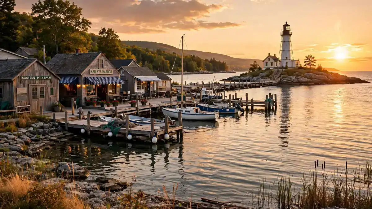 Door County shoreline at golden hour with a harbour village and sunset over the bay