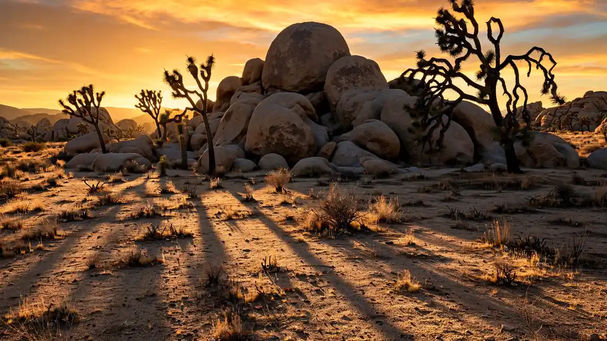 Golden hour light over granite boulders and Joshua trees at the best place to visit in Joshua Tree National Park