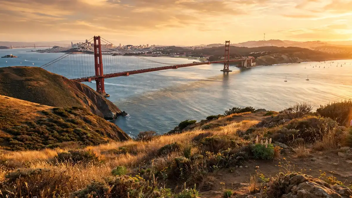 Golden Gate Bridge and San Francisco Bay at golden hour seen from the Marin Headlands, the gateway to the best day trips near San Francisco