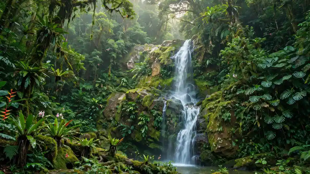 Costa Rican rainforest waterfall surrounded by lush green jungle in soft light