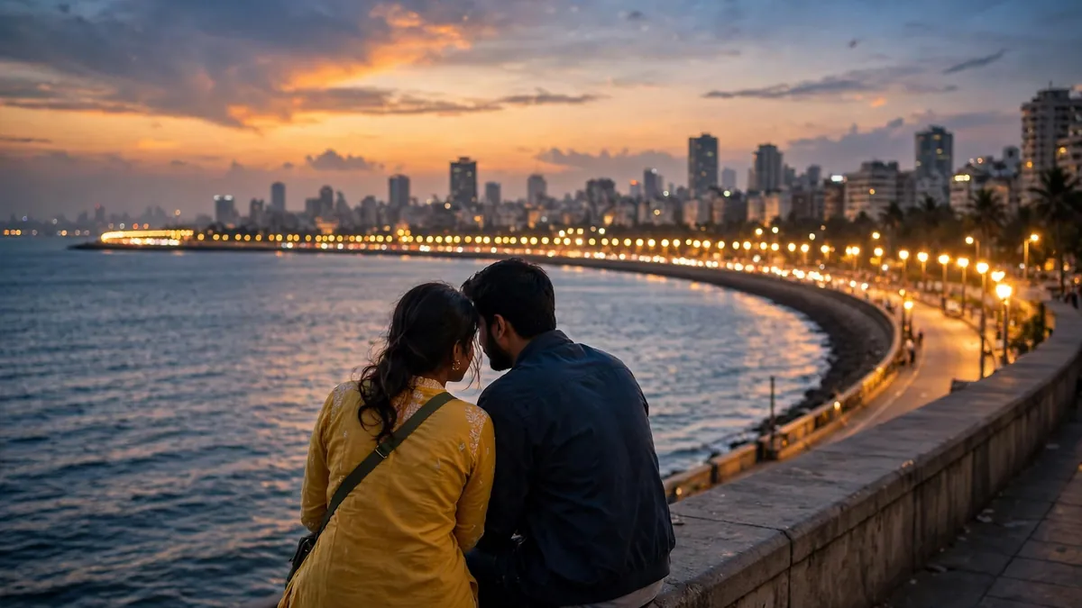 Couple sitting on the Marine Drive promenade in Mumbai at dusk, watching the Queen's Necklace lights curve along the bay