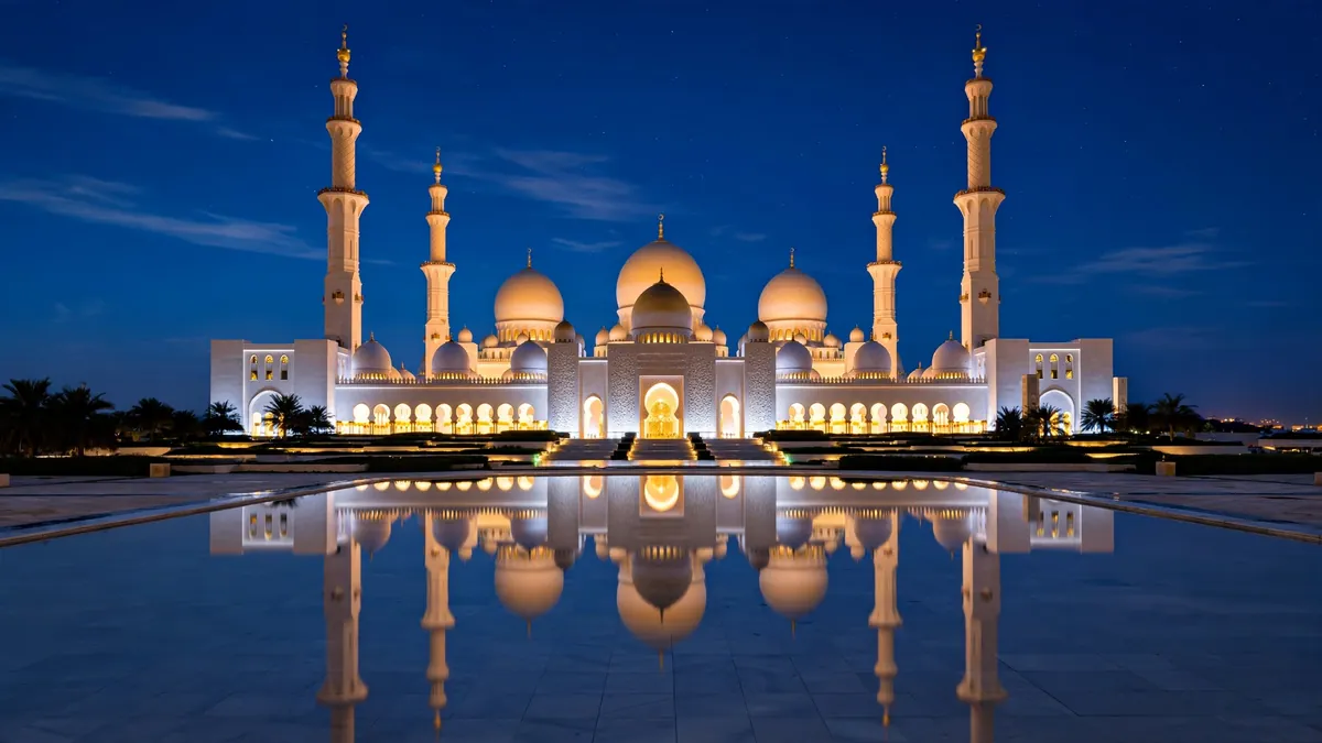 Sheikh Zayed Grand Mosque glowing white and gold at night with its domes reflected in still pools in Abu Dhabi