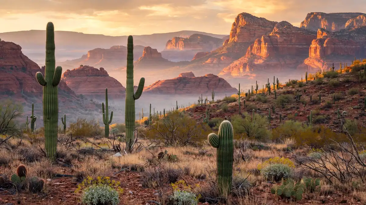Arizona red-rock desert at golden dawn with saguaro cacti in soft early light