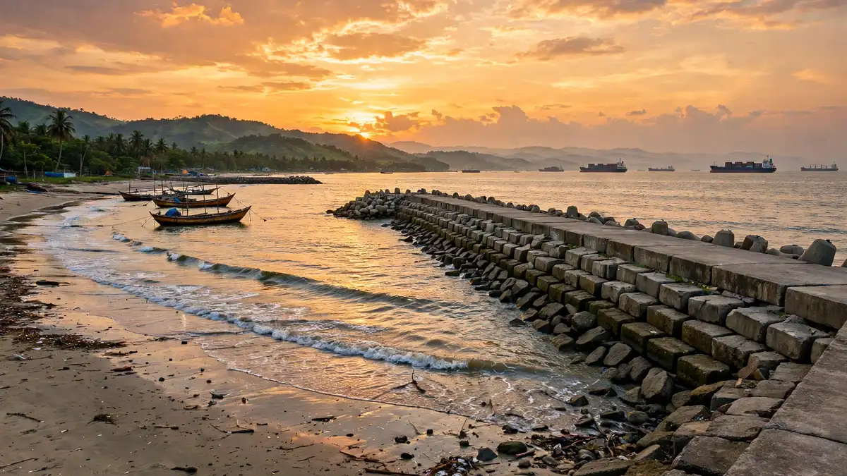 Patenga-style beach in Chittagong at sunset with cargo ships on the horizon and waves on the Bay of Bengal