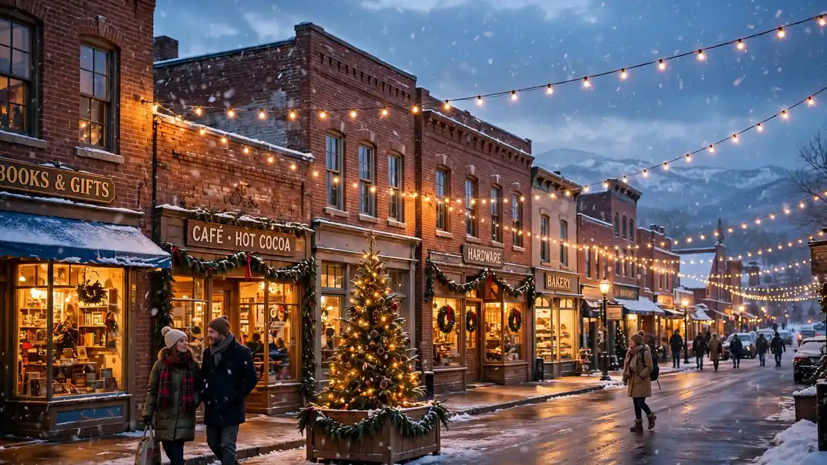 Snowy small-town main street in America at dusk in December with Christmas lights, a decorated tree and people strolling past glowing shopfronts