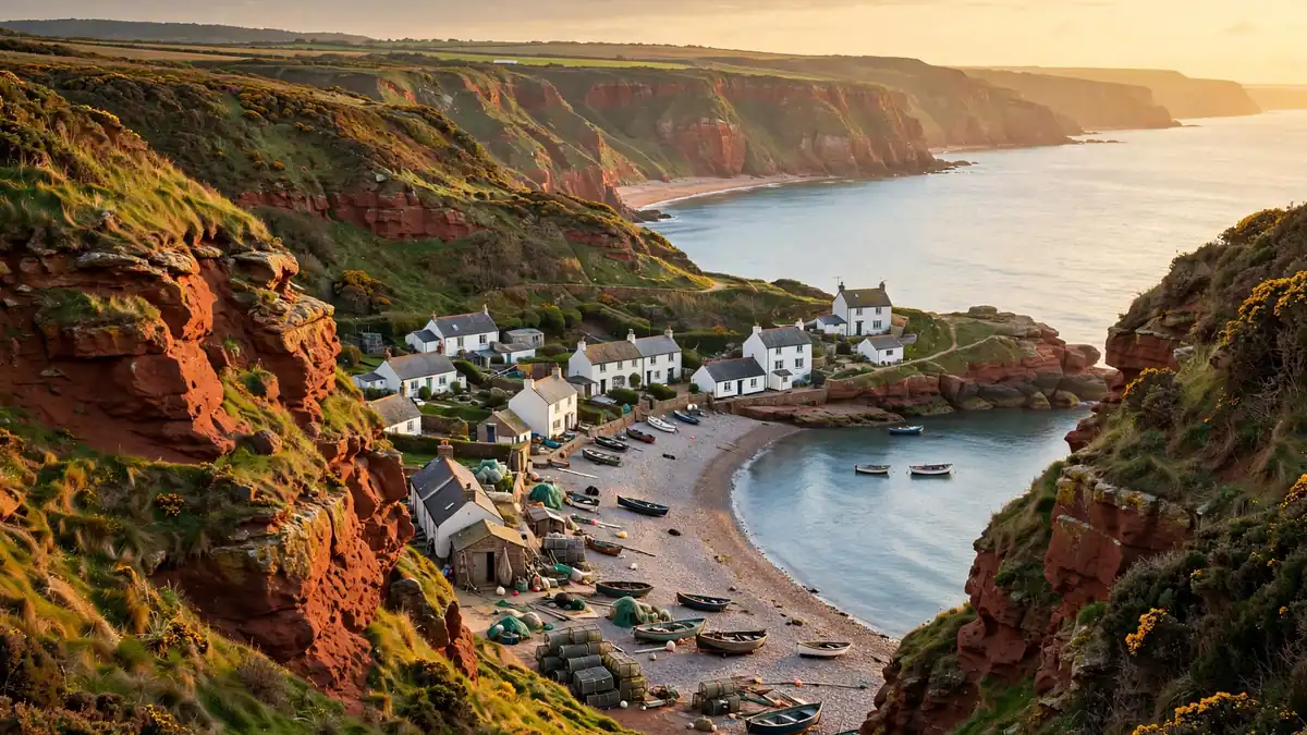 Red sandstone cliffs above a small fishing village cove with white cottages and boats on a shingle beach in East Devon