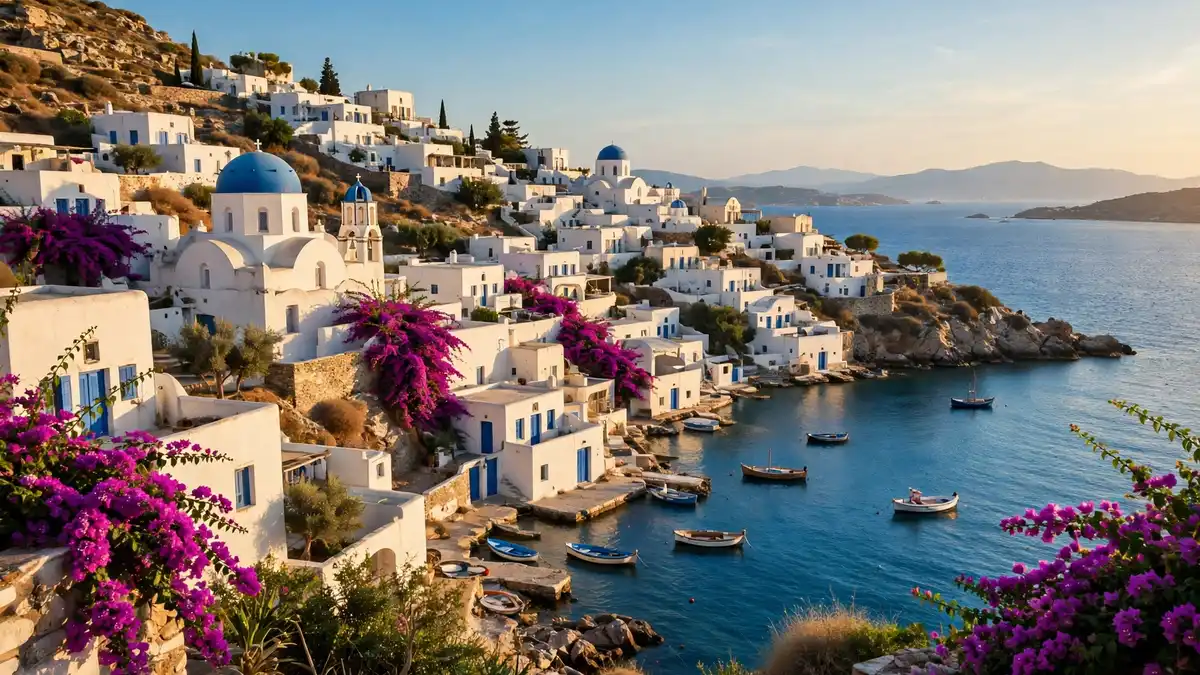 Whitewashed Greek island village with blue domes above a bright blue bay in golden summer light, with small boats on the water