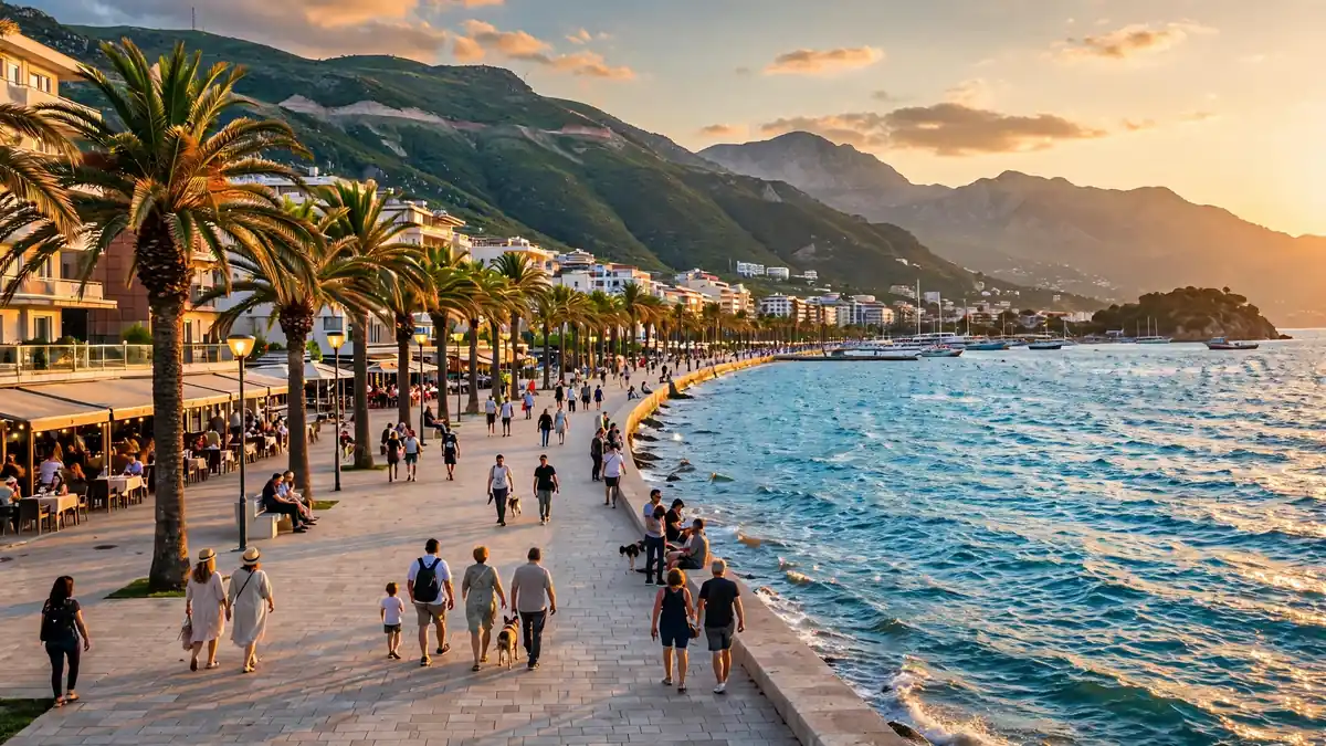 Vlorë seafront promenade with turquoise Ionian water, palm trees, and mountains behind the bay in Albania