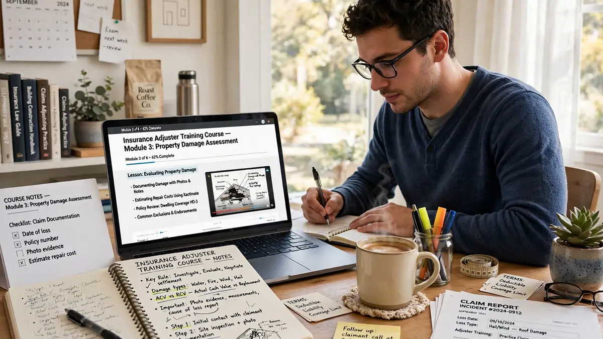 Student studying a Texas adjuster license online course on a laptop with course notes